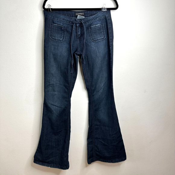 Vintage Z Cavaricci Dark Wash Low Rise Flare Front Tie Waist Jean Patch Pocket 7 - Picture 13 of 13